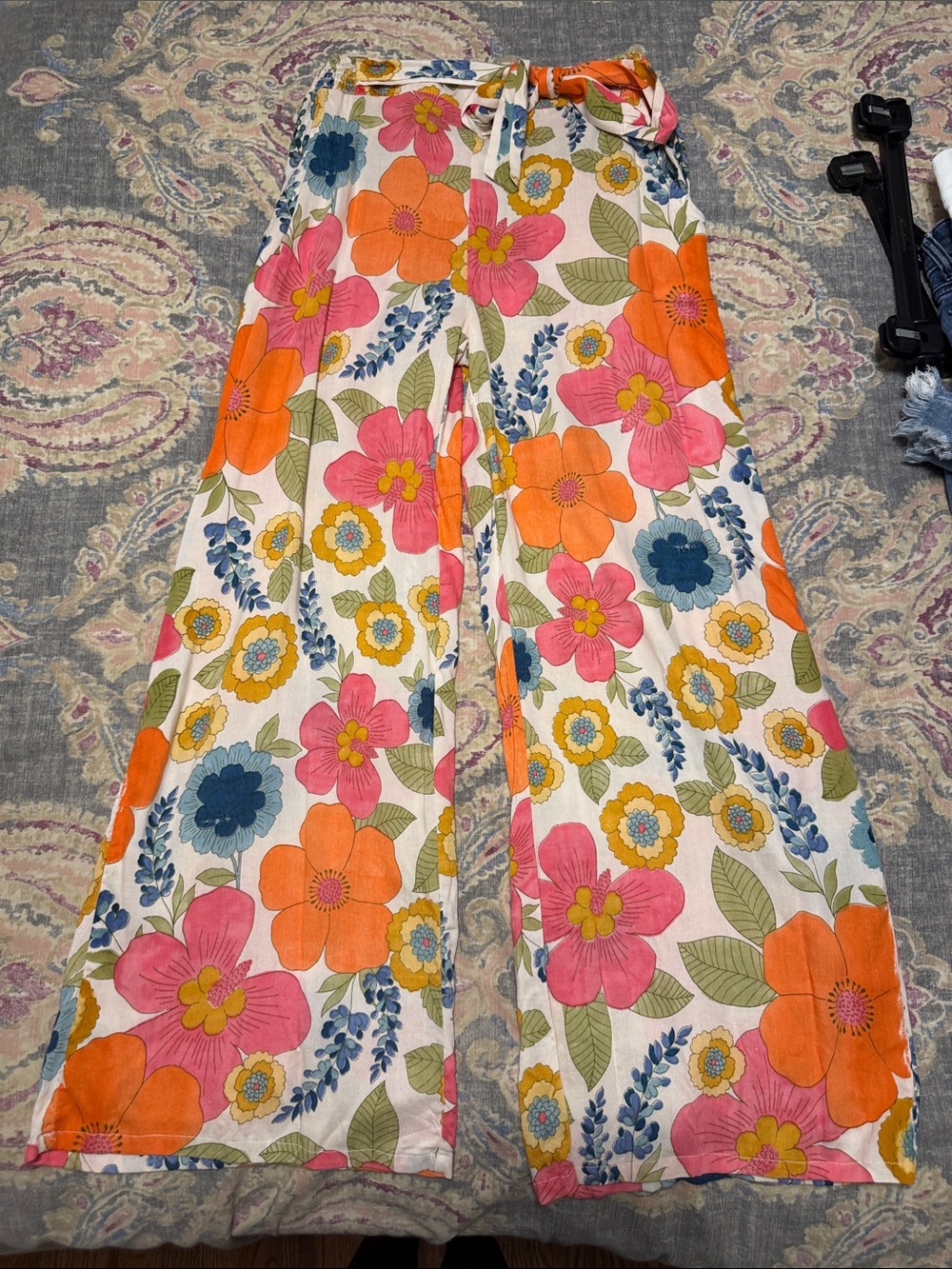 Angie Floral Wide-Leg Pants in Orange, Pink, Blue, Yellow, Green on Cream